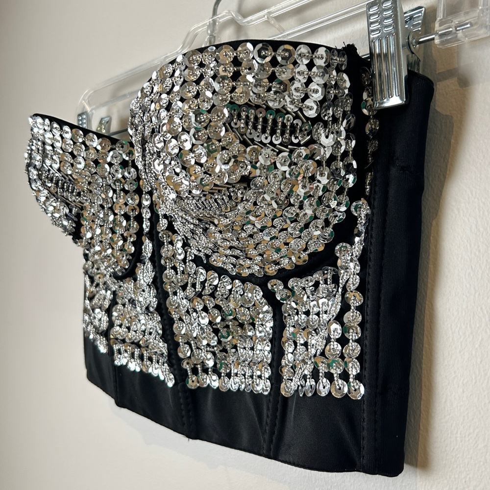 Vintage 80’s 90’s Black w/ Silver Sequin Embellished Bustier Top Madonna Punk